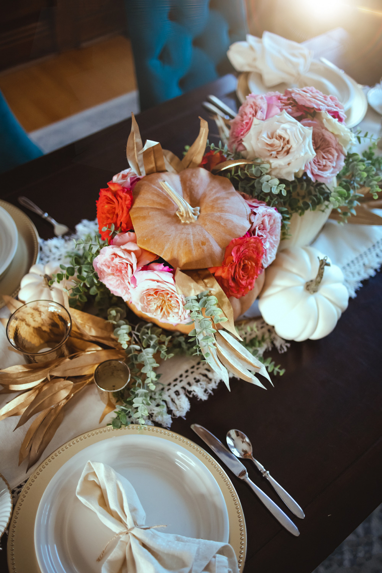 pumpkin centerpieces with flowers