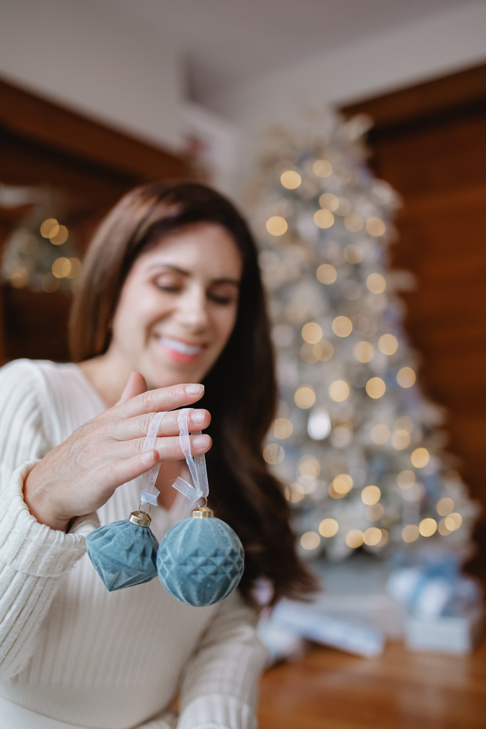 flocked ornaments dusty blue
